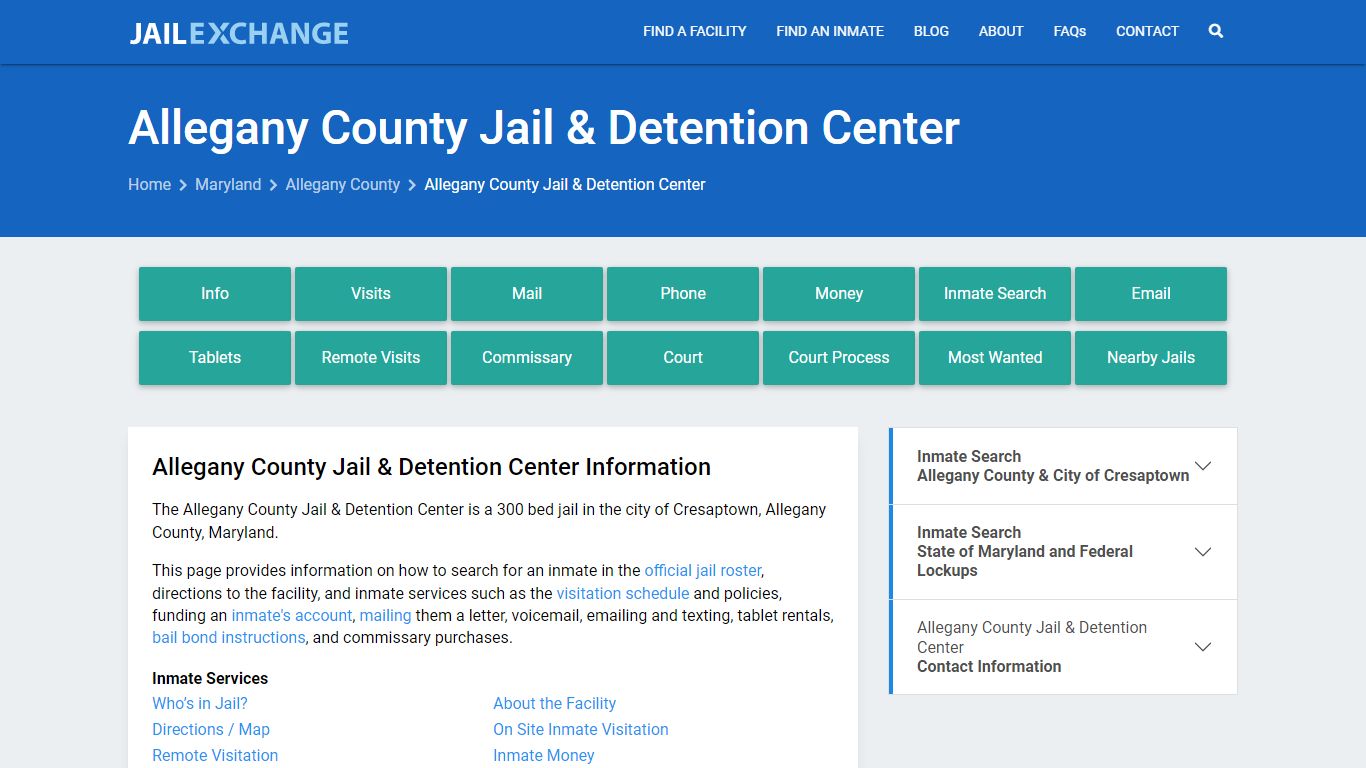 Allegany County Jail & Detention Center, MD Inmate Search, Information